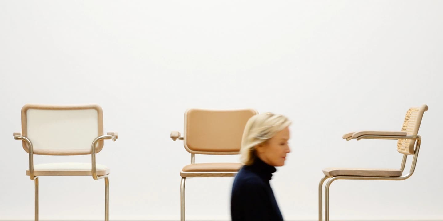 Press photo of Jil Sander with Thonet S64 cantilever chairs in the NORDIC and SERIOUS editions in the background.