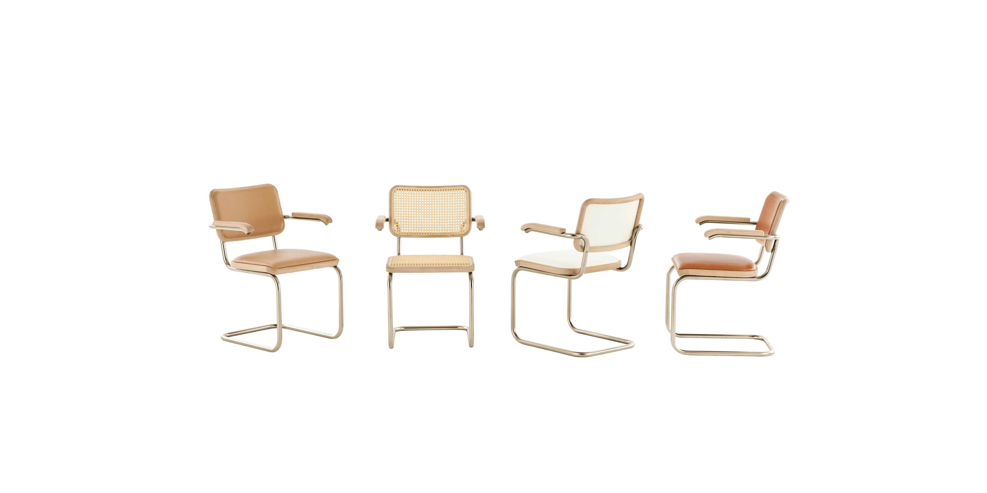 Thonet S 64 cantilever armchairs in the Nordic Edition – camel and cognac with leather upholstery, natural with Viennese cane and cream white with fabric – with gold-colored tubular steel frame, on a white background.