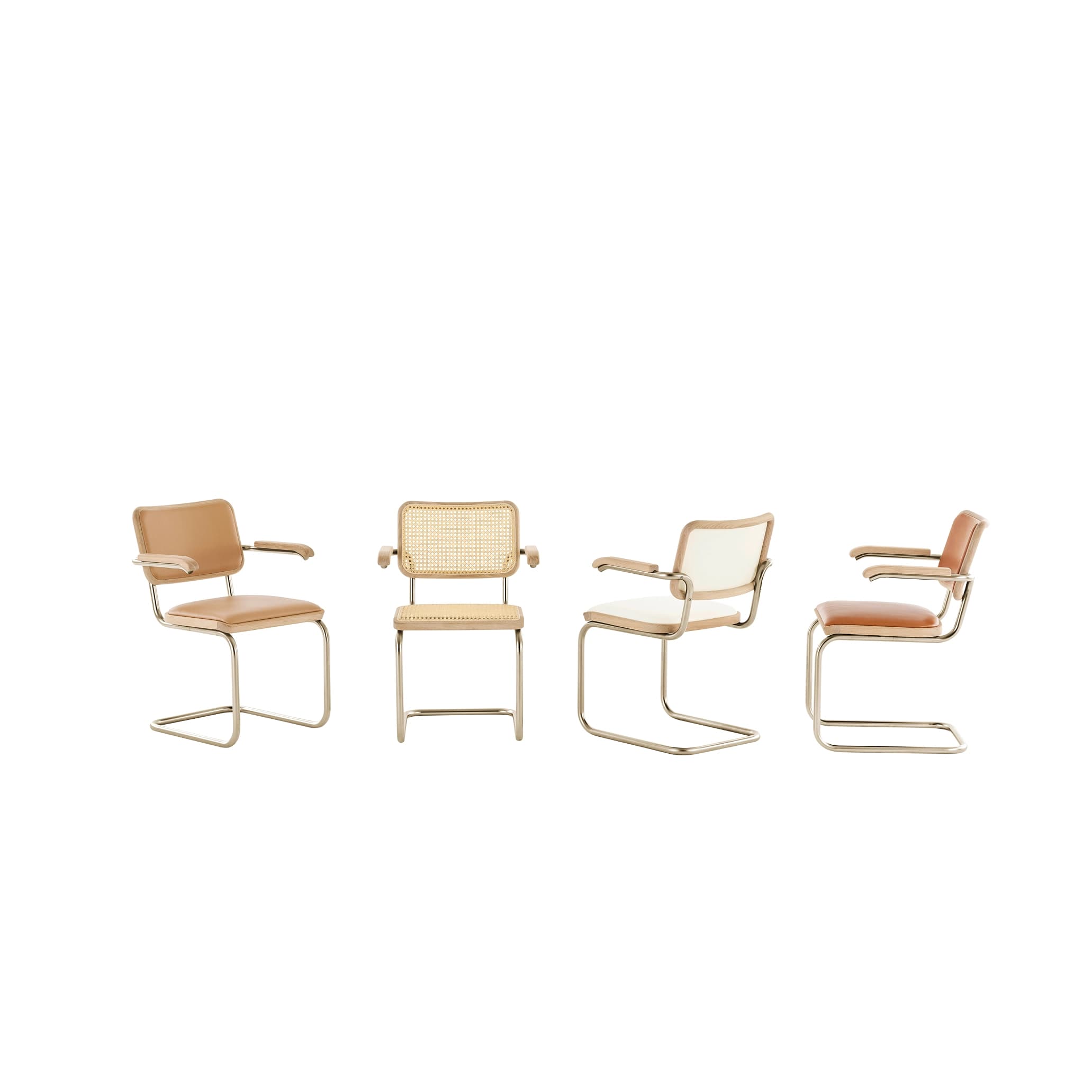 Thonet S 64 cantilever armchairs in the Nordic Edition – camel and cognac with leather upholstery, natural with Viennese cane and cream white with fabric – with gold-colored tubular steel frame, on a white background.