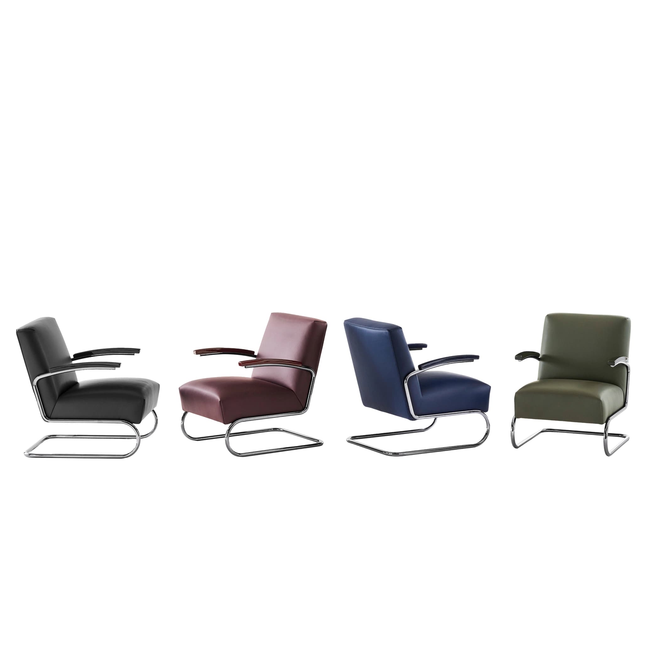 Thonet S 411 SERIOUS lounge chairs in various colors – black, bordeaux, dark blue and olive green – with padded seat and back and chrome-plated tubular steel frame, on a white background.