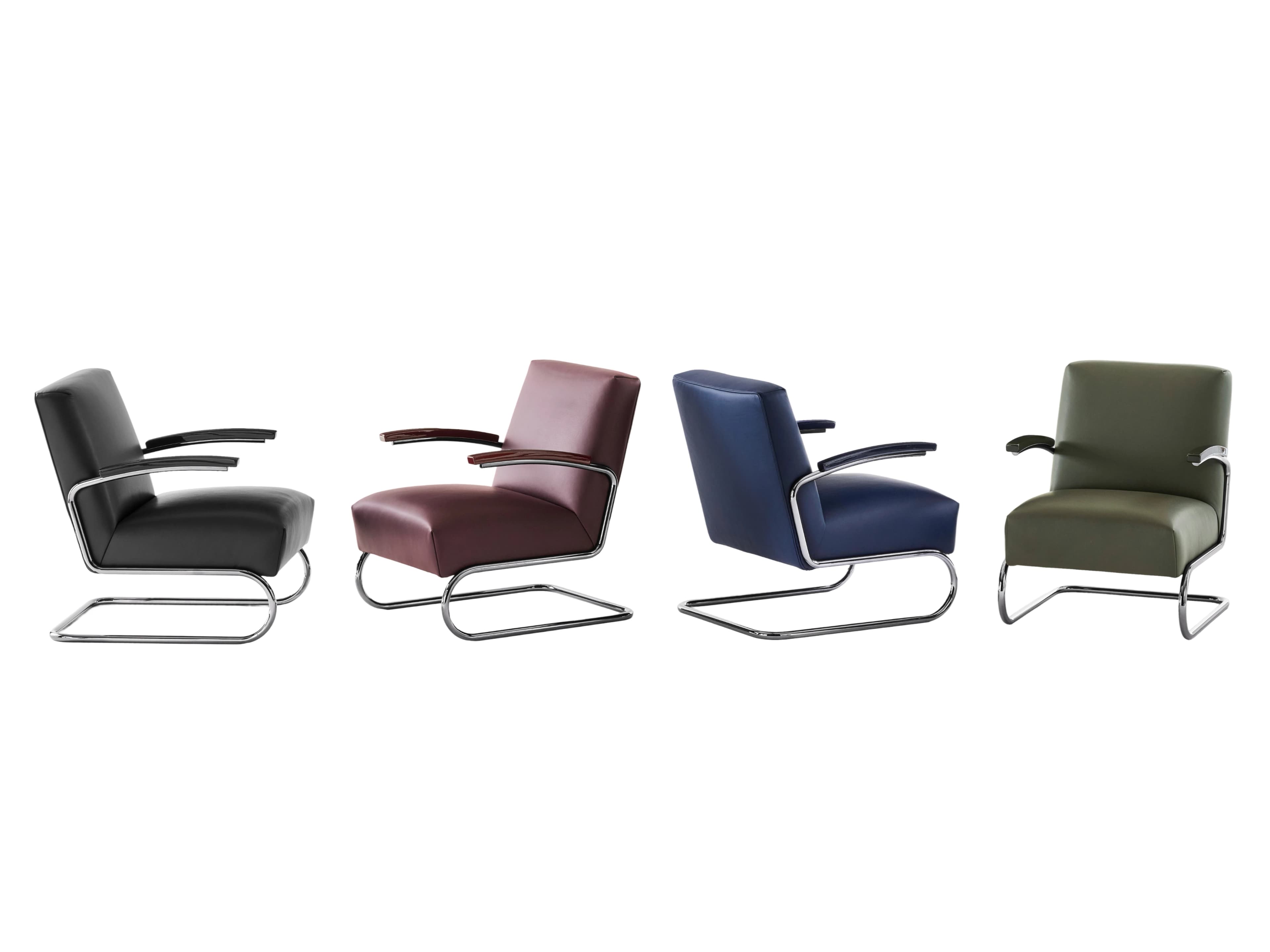 Thonet S 411 SERIOUS lounge chairs in various colors – black, bordeaux, dark blue and olive green – with padded seat and back and chrome-plated tubular steel frame, on a white background.