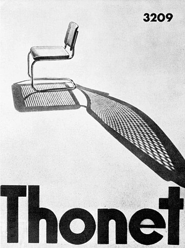 A black and white vintage advertisement for the Thonet S 32 tubular steel cantilever chair, shown from an angled perspective with dramatic shadow cast against a light background.